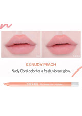 Cosable lip liner with '03 Nudy Peach' color swatches on lips and product itself.