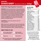 Nutritional information and ingredients list for Shake Baby Strawberry Flavor on a red and pink background.