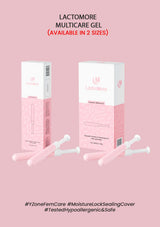 Packaging of LACTOMORE Multicare Gel, showing boxes and syringe-like applicators, in pink and white colors.