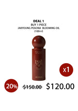 Red bottle of Jakyoung Peaona Blooming Oil with promotional text on a white background