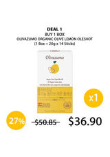 Olivazumo organic olive lemon oleshot packaging with promotional text on a white background