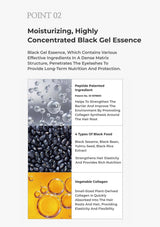 Advertisement for moisturizing black gel essence with text and images of ingredients.