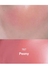 Close-up of skin with a shade labeled '787 Peony' on a pink background