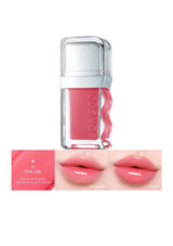 Lip gloss with a pink shade and visible brand name on a white background