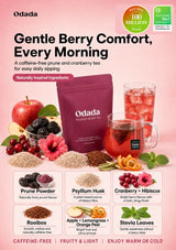 A promotional product graphic for Odada Hooedged Berry Tea on a pink background. The central product is a dark magenta pouch of tea, with a glass mug of brewed tea, loose berry mix, and fruit illustrations including an apple, berries, hibiscus flower, and citrus slices.