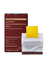 A box of ESTHER FORMULA Lyuh Esther Liposome Lyuh Glutathione Direct Ultra x, with a single yellow oral dissolving film visible in front, against a white background.