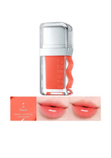 Lip gloss with a close-up of lips wearing the color on a white background