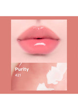 Lipstick with a close-up of lips wearing it, labeled 'Purity 421' on a pink background.