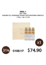 Nuborn Cell Idebenone Double Shot Whitening Ampoule with packaging and pricing details on a white background.