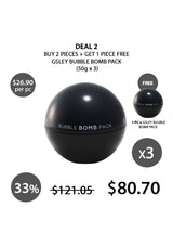 Packaging of GSLEY Bubble Bomb Pack which is a black spherical container with product details in white and red text, presented alongside its box which has similar color scheme and branding.