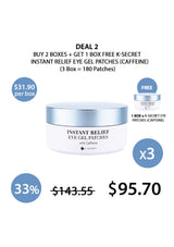 Packaging of K-Secret Instant Relief Eye Gel Patches with Caffeine. The box is predominantly white with a picture of the blue and pink gel patches used for the eyes, and text detailing the product name and key ingredient, Caffeine.