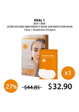 Promotional graphic for Ultra Xecond Skin sun patch with packaging and pricing details.
