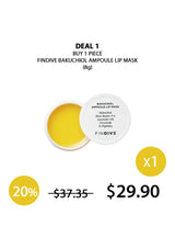 A packaged lip mask product with the brand name FINDIVE Bakuchiol Ampoule Lip Mask, showing the product slightly open to display the yellow-colored content inside. The packaging is predominantly white with text detailing the product name, ingredients, and benefits.