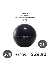 Packaging of GSLEY Bubble Bomb Pack which is a black spherical container with product details in white and red text, presented alongside its box which has similar color scheme and branding.