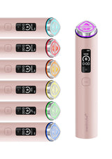A rose gold beauty device shown on a white background, with a vertical close-up on the right and five angled views on the left showing different light color options. The device has a digital display screen and a single button.