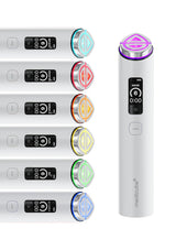 A white Medlucube facial treatment device shown next to a vertical stack of six interchangeable treatment heads in different colored modes, on a clean white background.