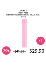 A pink cylindrical spicule cream refill bottle centered on a white background, with promotional text above reading 'DEAL 1 BUY 1 PIECE EVERY ROUTINE 3PDRN SPICULE CREAM REFILL (10ml)' and price/coupon graphics around it.