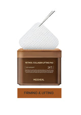 Mediheal Retinol Collagen Lifting Pad with brown container and white pad on a white background