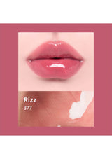 Close-up of pink lipstick on lips with 'Rizz 877' text on a pink background