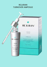 REJURAN Turnover Ampoule bottle and packaging on a light blue background