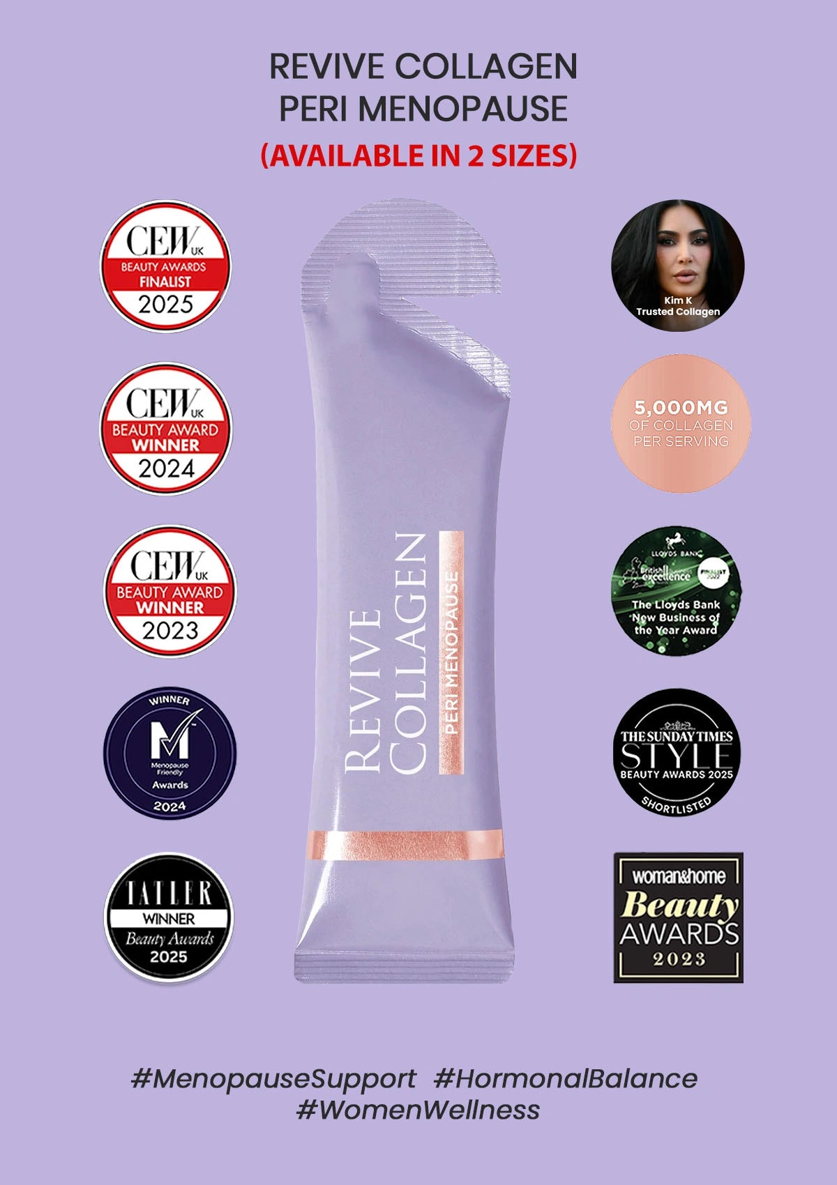 Revive Collagen peri menopause product with awards and size information on a purple background