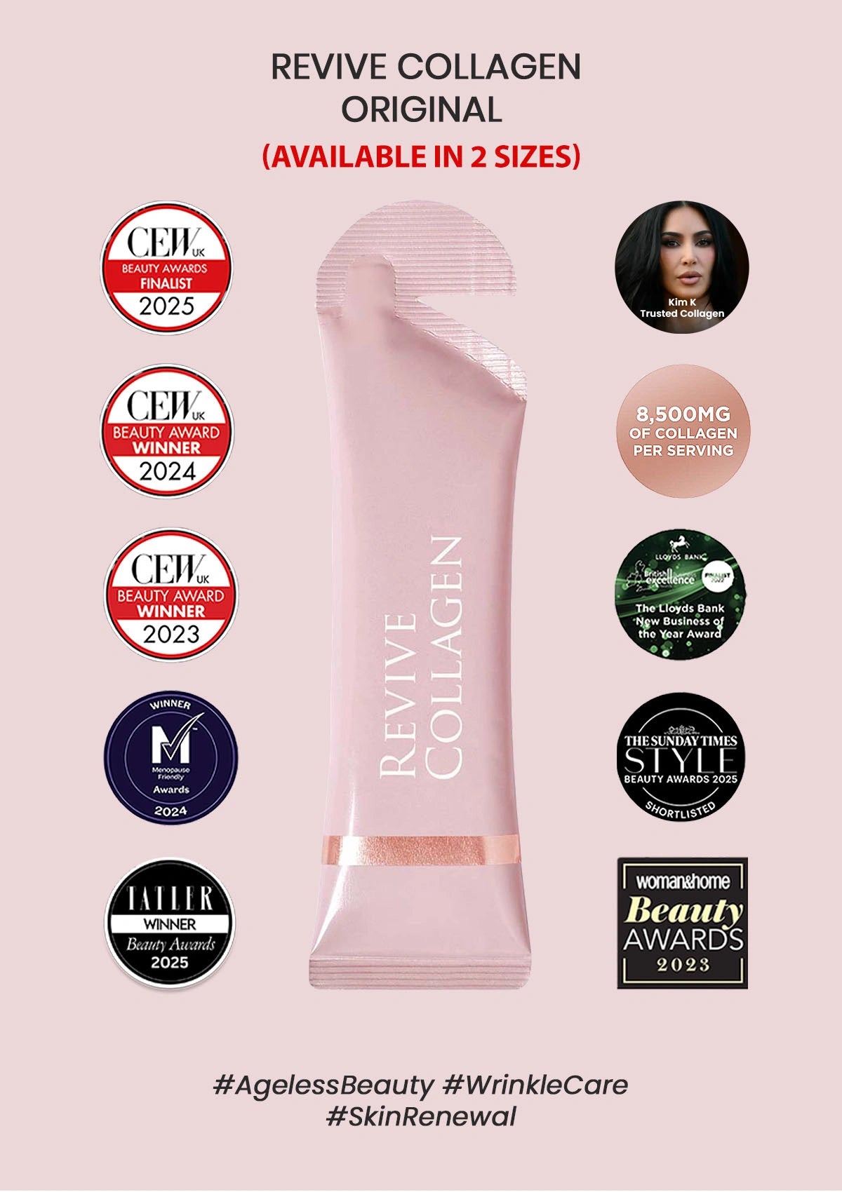 Revive Collagen Original packaging with awards and product details on a light pink background