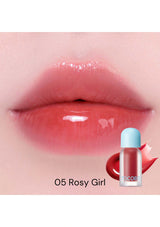 Lip gloss with a close-up of lips wearing the product, labeled '05 Rosy Girl'.
