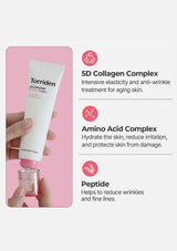 Cosmetic cream withTorriden branding on a pink background, featuring text about skincare benefits.