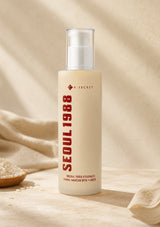 Skincare bottle labeled 'Seoul 1988' on a beige background