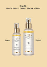 Two bottles of D'Alba White Truffle First Spray Serum, one is 50ml and the other is 100ml, both with a white label and gold accents.