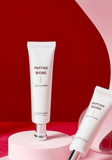 Two bottles of Swancoco Peptide Biome eye cream on a red and pink background