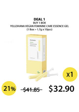 The image shows packaging of three different intimate care gels by LACTOMORE & YELLOHANA. From left to right, the gels are yellow, purple, and pink in color, corresponding to different product names and purposes.