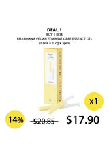 Advertisement for Yellohana Vegan Feminine Care Essence Gel with packaging and price details on a white background.