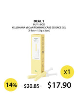 The image shows packaging of three different intimate care gels by LACTOMORE & YELLOHANA. From left to right, the gels are yellow, purple, and pink in color, corresponding to different product names and purposes.