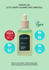 Hersteller Little Drops Calming Days Ampoule bottle on a light green background with product features highlighted.