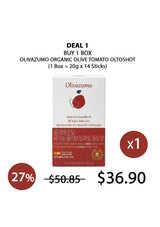 Olivazumo organic olive tomato oltoshot packaging with promotional text on a white background