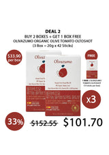 Promotional offer for Olivazumo organic olive tomato oltoshot with packaging and pricing details.