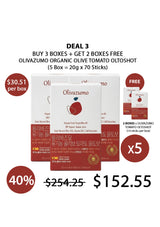 Promotional offer for Olivazumo organic olive tomato oltoshot with packaging and pricing details.