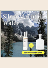 Advertisement for 'Silver Mountain Water' with two bottles and a scenic mountain background.