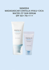 Two skincare products with text on a light blue background