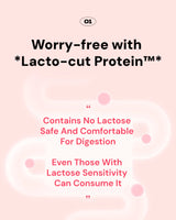 Advertisement for Lacto-cut Protein on a pink background with text about lactose-free protein.