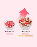 Comparison of freeze-dried strawberries before and after renewal with an arrow pointing upwards on a pink background.