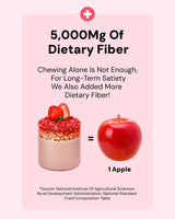 Product packaging with dietary fiber information and an apple comparison on a pink background
