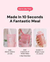 Instructions for making a meal in 10 seconds using a pink shake container.