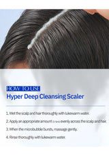 Hair treatment with a line of white product on the scalp, labeled 'Hyper Deep Cleansing Scaler'.
