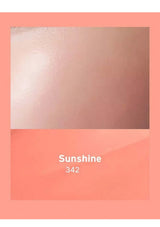 Product packaging with a gradient color swatch labeled 'Sunshine 342' on a peach background