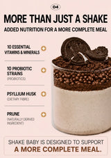 Promotional graphic for a protein shake dessert. The left side features text detailing its nutritional benefits, including '10 ESSENTIAL VITAMINS & MINERALS', '10 PROBIOTIC STRAINS', 'PSYLLIUM HUSK', and 'PRUNE'.