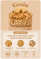 A product information card for Grain Flavour cereal clusters. The top half shows a clear glass bowl filled with clusters topped with two banana pieces, set against a warm beige background with the word 'Grain' in large brown letters.