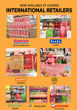 Promotional collage on an orange background advertising international retail availability of various products, including Costco Wholesale, Plaza, ShakeScy, Guardian, Loft, Cosme, Don Quijote, and Ho-Yokado, with multiple small product photos and store logos.