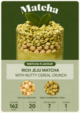 Matcha Flavour Rich Jeju Matcha cereal packaging featuring a glass jar filled with matcha-covered cereal pieces and two green leaves on a dark green background, with product details and ingredient icons below.